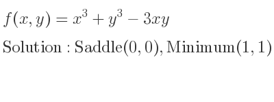 The f(x,y)=x^3+y^3-3xy is Saddle(0,0),Minimum(1,1)